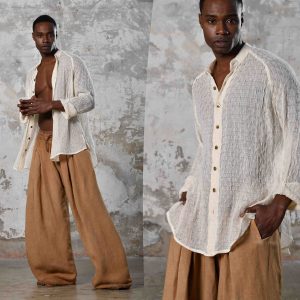 White Boho Funky Organic Cotton Shirt Hand Woven