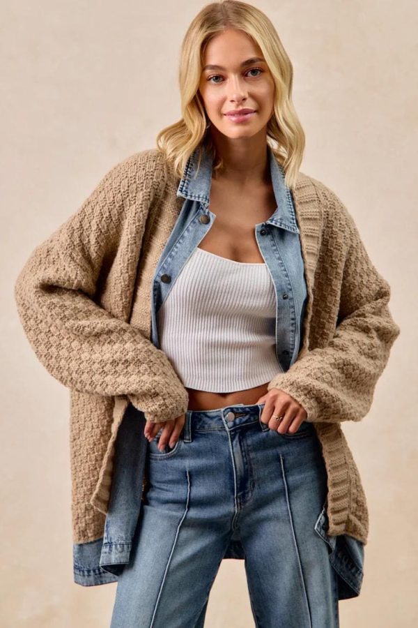 Long Cardigan Sweater With Washed Denim: Jean Patchwork