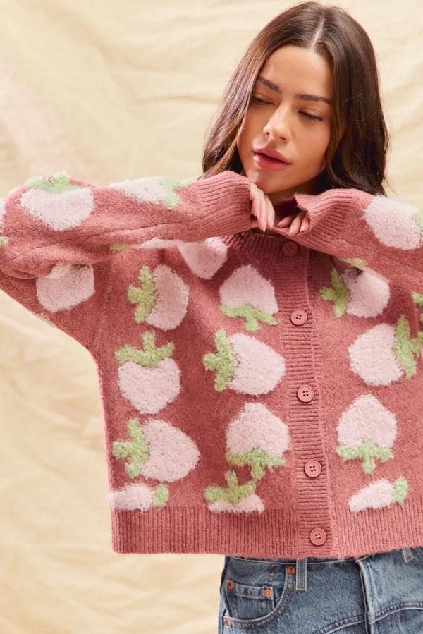 Mauve Strawberry Cardigan: Buttonup Soft Knit Sweater
