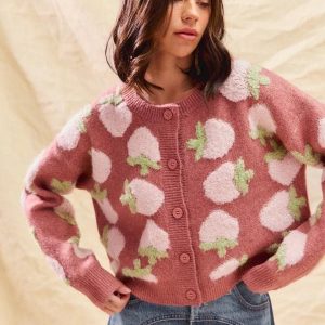 Mauve Strawberry Cardigan: Buttonup Soft Knit Sweater